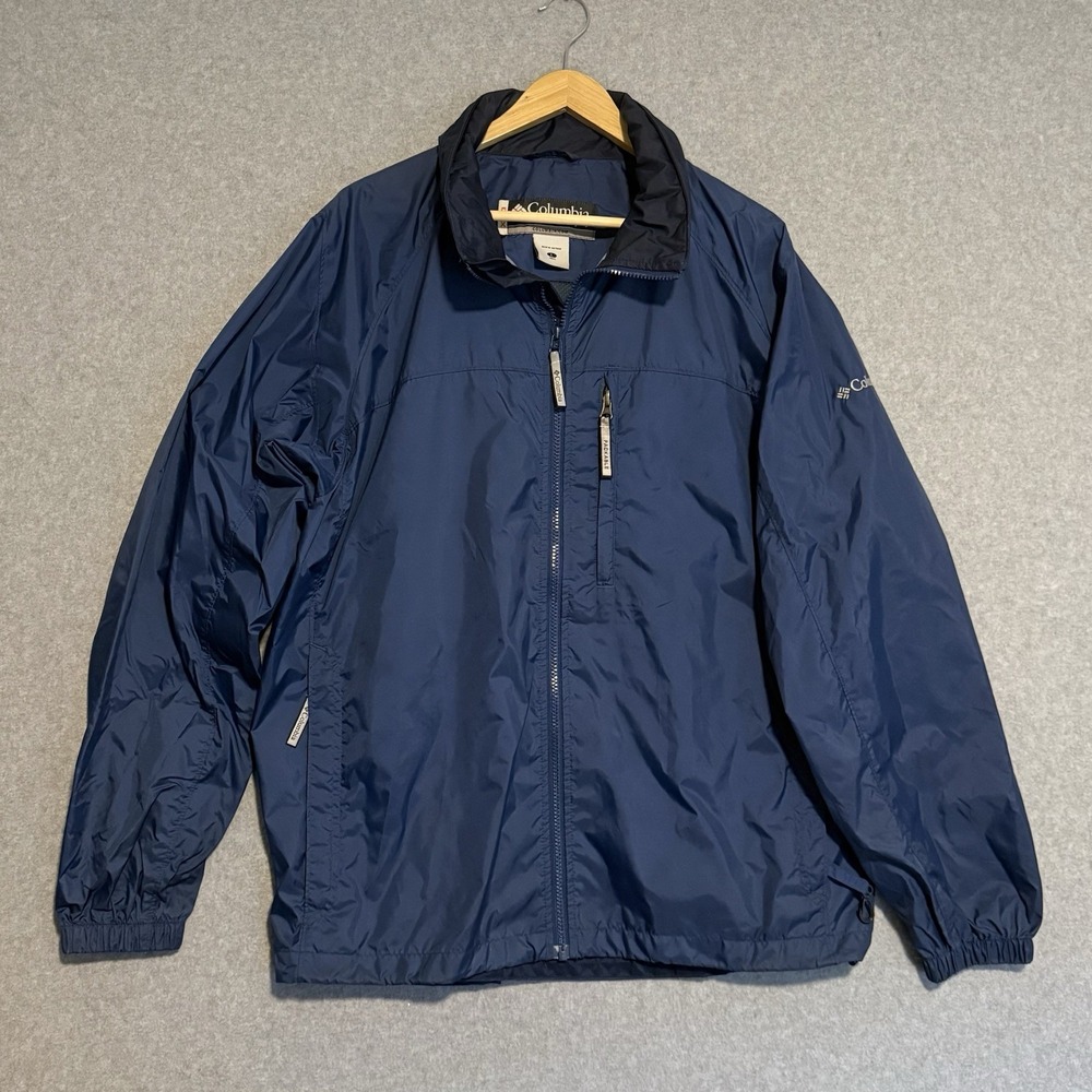 Columbia XCO Mens LARGE Navy Blue Packable Hooded Rain Jacket Windbreaker Zip